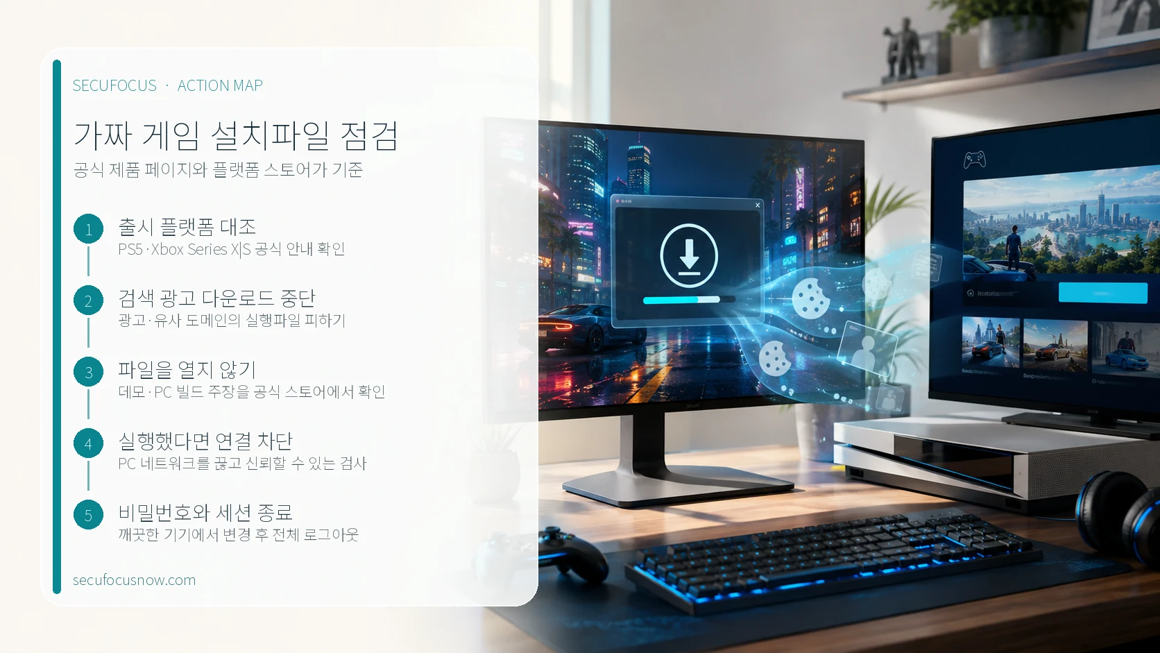 GTA 6 공식 페이지 확인과 가짜 설치파일 실행 후 계정 보호 순서를 보여주는 정보 이미지
