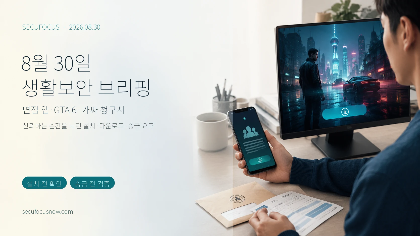 8월 30일 생활보안 브리핑 표지: 면접 앱, GTA 6, 가짜 청구서
