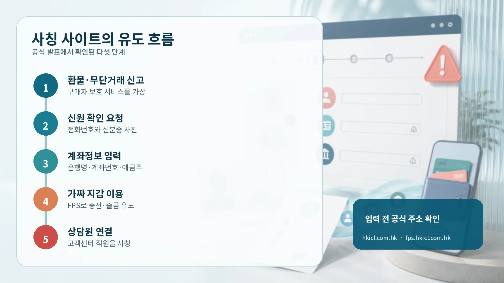 사칭 사이트가 환불과 무단거래 신고를 미끼로 신원정보·계좌정보를 받고 가짜 지갑과 상담원으로 연결하는 다섯 단계