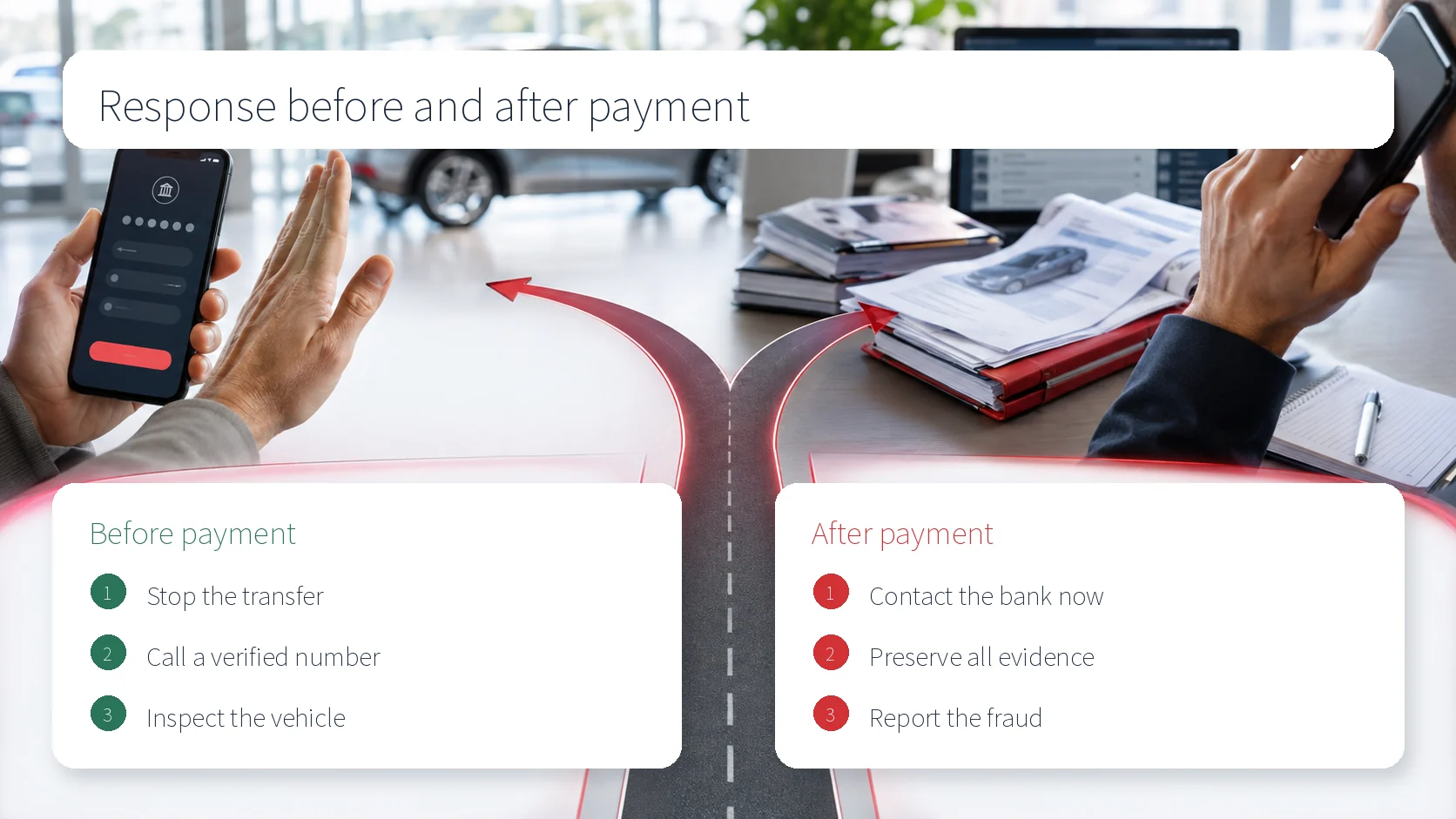 Decision path showing actions before and after a fraudulent vehicle payment