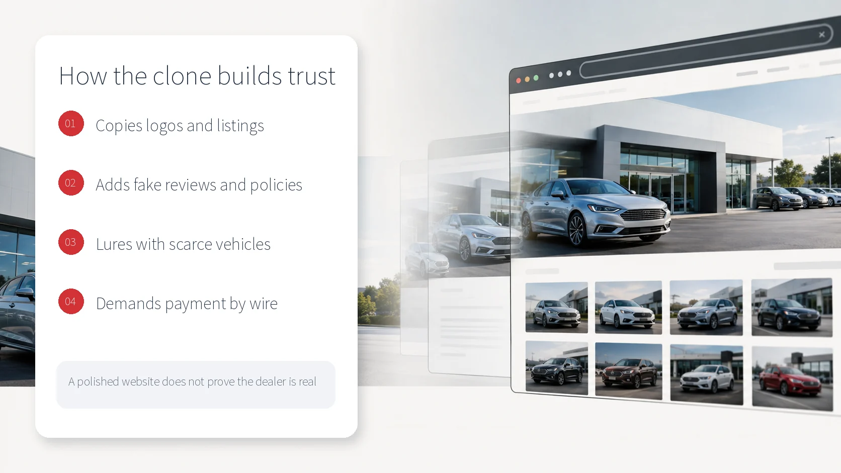 Four trust-building elements used by a cloned car dealership website: copied listings, fake reviews, scarce vehicles, and wire payment demands