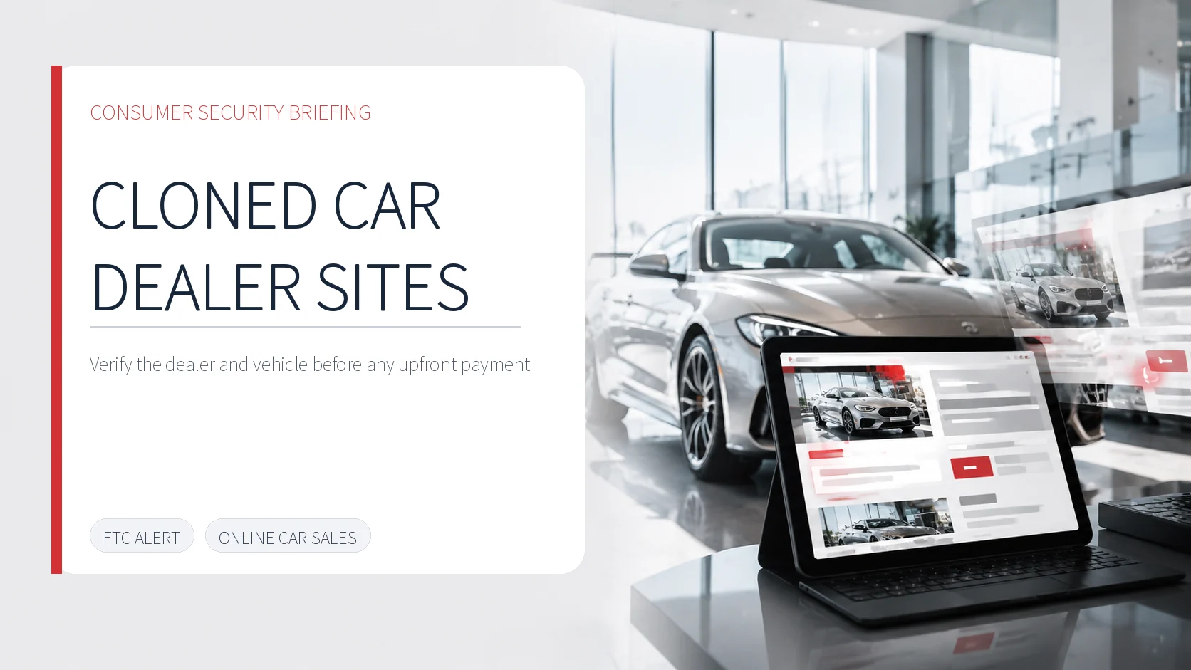 Cover illustration of a cloned car dealership website used to demand an upfront payment