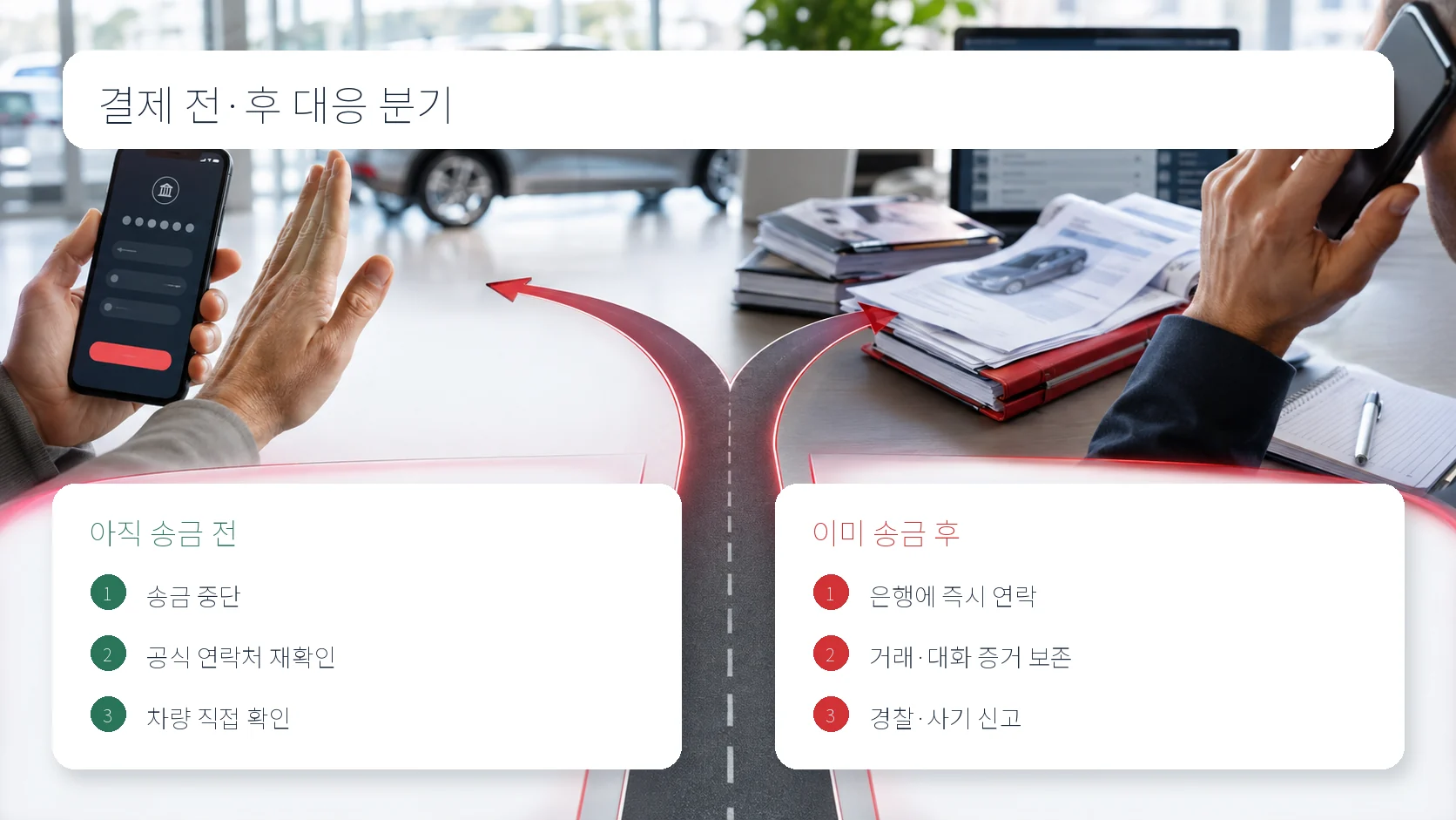 송금 전에는 결제를 멈추고 공식 연락처와 실물 차량을 확인하며 송금 후에는 은행 연락과 증거 보존, 신고로 나누는 대응