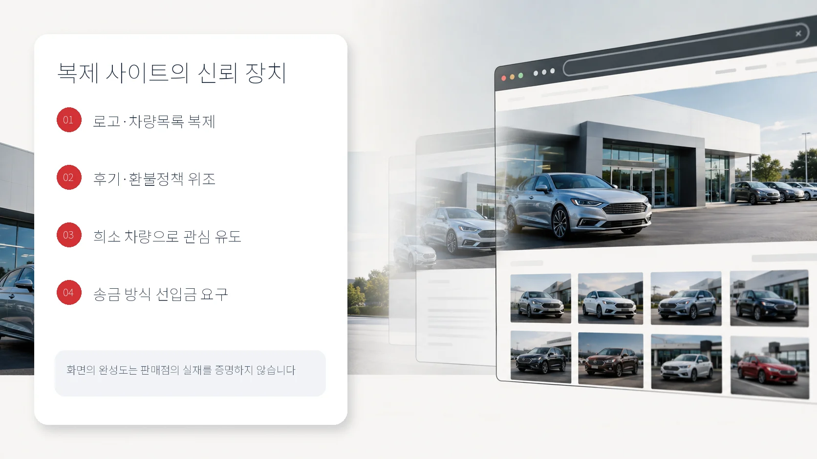 복제 자동차 판매점 사이트가 로고와 목록, 후기와 반품정책, 희소 차량, 송금 요구로 신뢰를 만드는 흐름