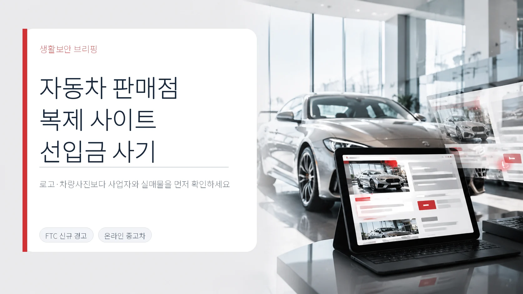자동차 판매점 복제 사이트가 선입금을 유도하는 수법을 나타낸 표지